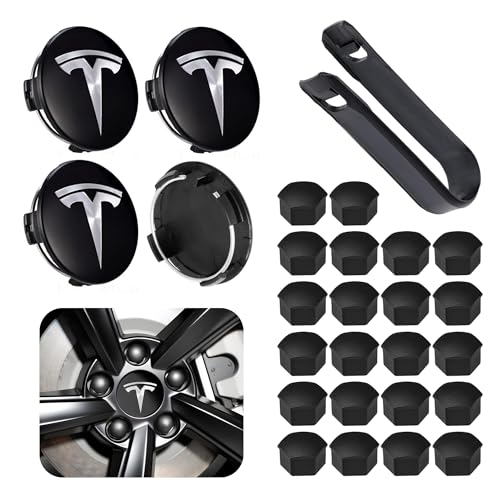 Car Wheel Center Hub Cap Kit with Logo Hubcaps Accessories for TES la Model 3 Model Y 4 Black & Sliver Hub Center Caps + 22 Black Lug Nut Covers (Black&Sliver)