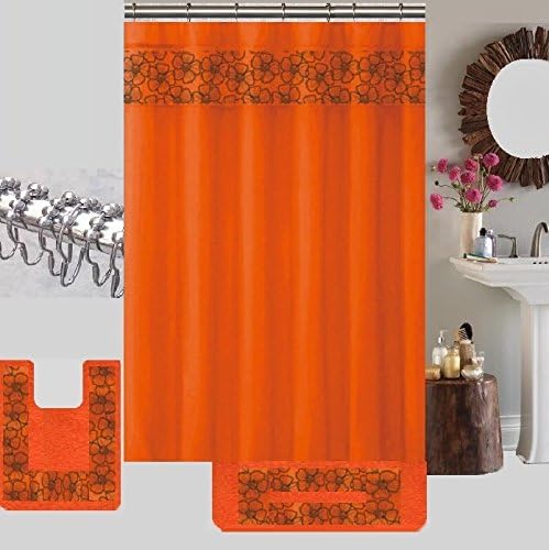 BH Home & Linen 15 Piece Floral Embroidery Banded Bath Set 1 Large Bat Mat 1 Contour Mat 12 Pc Metal Roller Ball Shower Hooks (Orange)