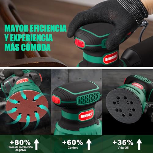 Miniatura 4 de Lijadora Orbital 350w 125mm - 6 Velocidades,16 Hojas De Lijado Incluidas,Con Recolección De Polvo Y Función De Freno Rápido,Ideal Para Lijar Y Pulir Madera,En Proyectos De Afición