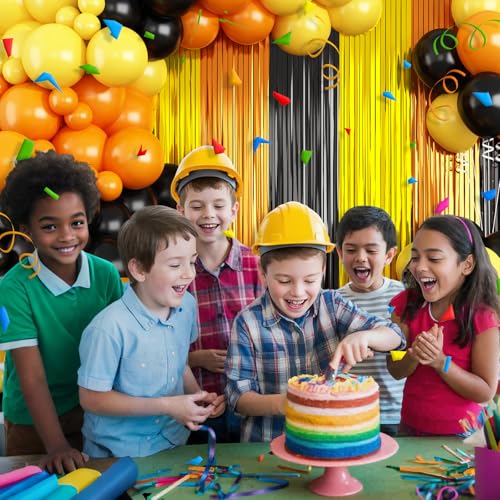 Image of Construction Balloon Garland Arch Kit Birthday Party Decorations Supplies, Yellow Orange Black Foil Fringe Curtains Backdrop Tinsel Streamer Photo Booth Props Truck Car Themed Party Decor