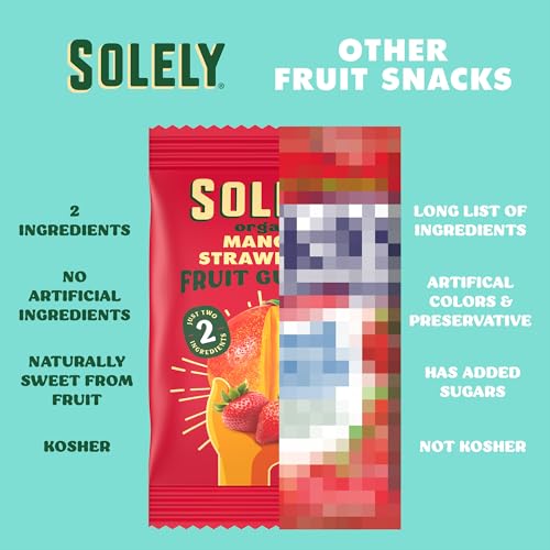 Image of SOLELY - Organic Mango & Strawberry Whole Fruit Gummies (Pack of 6 Boxes, 5 Bags per Box) - School Snacks - Healthy Snacks for Adults & Kids - Non GMO, Vegan Snacks, Shelf Stable - 30 Bags (3.5 oz)