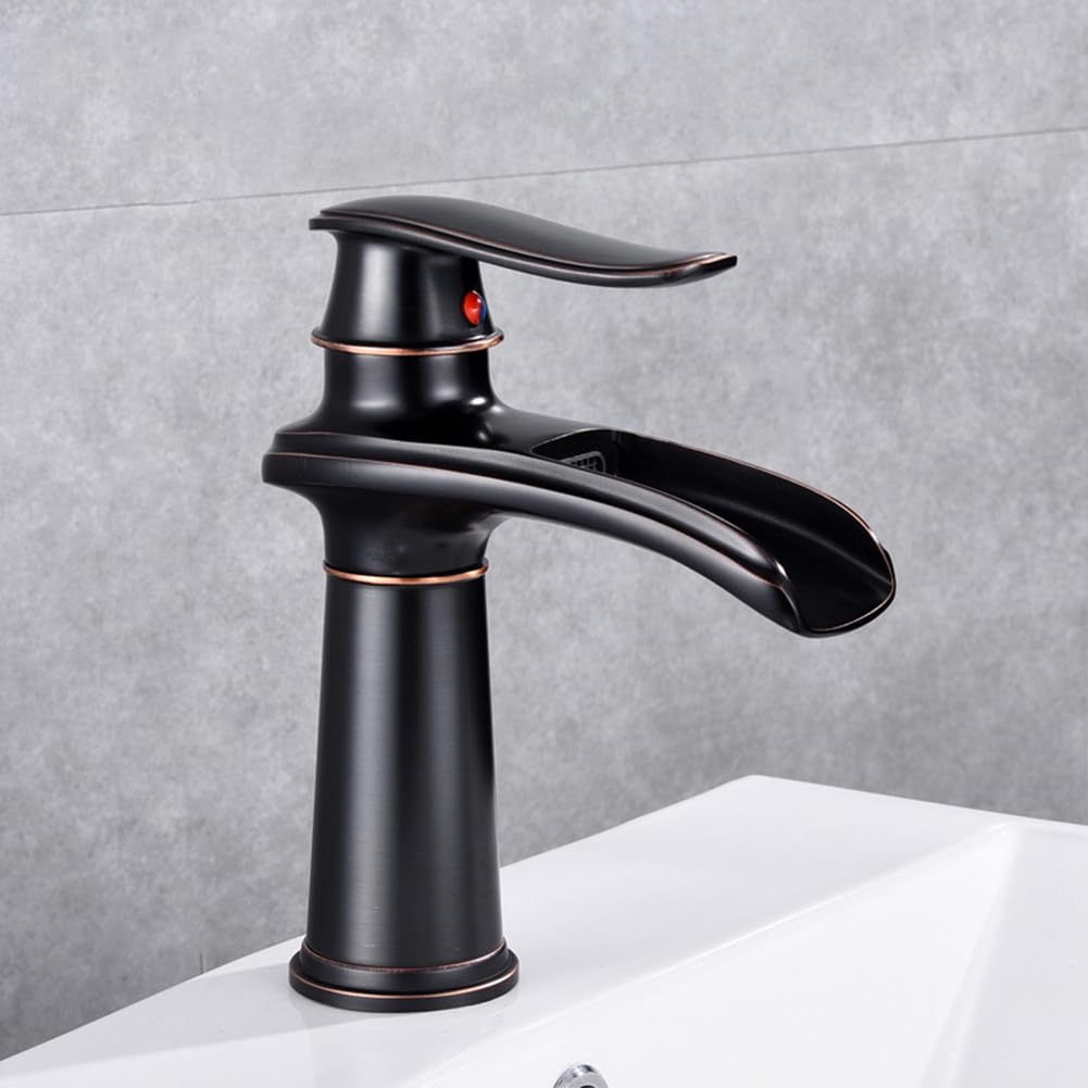 Rubinetto Lavabo Cascata Rubinetto Bagno, Anticato Vintage Stile Ottone Monocomando Miscelatore Bagno, Miscelatore Lavabo, Nero