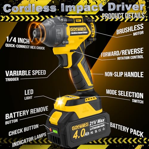 image for GoYwato Cordless Impact Driver 2655In-lbs(300N·m) - 21V 1/4