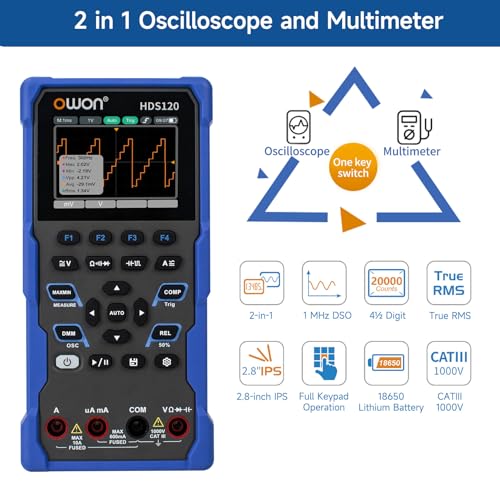 Image of OWON HDS120 Oscilloscope 2 in 1 1MHz Handheld Multi Functional Oscilloscope Multimeters, 20000 Counts Digital multimeter 2.8 inch IPS screen Display Universal Test Instrument (oscilloscope+multimeter)