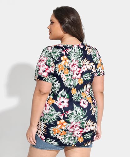 Image of TIYOMI Plus Size Tops for Women V Neck Tshirts Basic Tunic Casual Hawaii Floral Tie Dye Camo Summer Short Sleeve Tee XL-5XL
