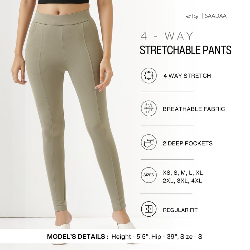 Image of SAADAA Women's Regular Fit High Rise 4-Way Stretchable Pants Yoga, Formal, and Regular Skinny High Waist Leggings 2 Deep Pockets Elastic Waistband Durable Interlock Stitching