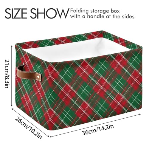Image of Christmas Buffalo Plaid Storage Basket with Waterproof Liner and PU Handles Winter Green Red Checked Storage Bins Boxes 14.2 inch Collapsible Decorative Organizer Baskets for Bedroom Closet Office 1 Pack