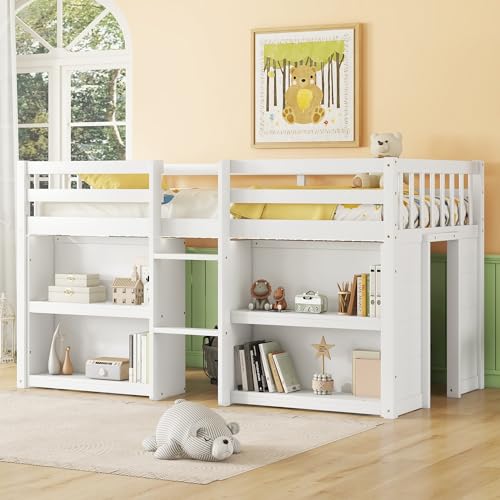 LED Twin Size Low Loft Bed for Kids,Twin Loft Bed with Storage Shelves,Kids Low Loft Bed Frame with LED Light,Space Saving, White