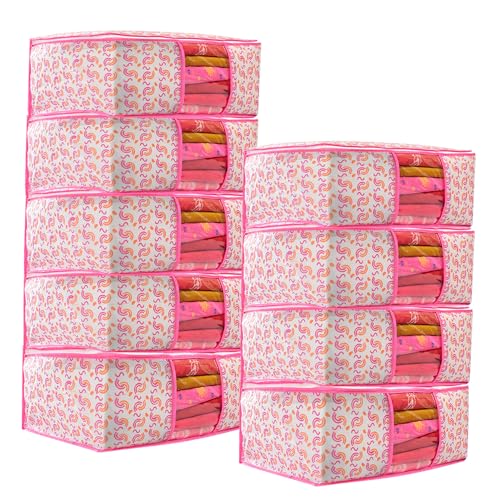 Image of Non-Woven Saree Covers with Zipper & Transparent Window | Clothes Storage Bags for Wardrobe Organization | Dustproof Garment Storage for Sarees, Dresses, and Clothes (Pink, Pack of 9)