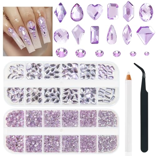qiipii Amethyst Purple Nail Rhinestones Multi Shapes Crystal Flatback K9 Glass Light Purple Stones Gems Round Beads Diamonds Jewels w Wax Pen Charms for Nails Face Eyes Makeup Clothes Shoes DIY Crafts