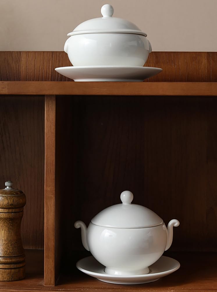 Porcelain Soup Tureen Ceramic Soup Tureen with Lid White Ceramic Round Tureen,for Restaurant Home Kitchen Decoration, Microwave and Dishwasher Safe,B