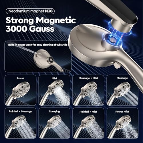 Image of 12-Inch High Pressure Rain Shower Head with Handheld Spray Combo, Magnetic | Dual shower heads; one-piece bracket adjusts height and angle; 9 settings: 8 sprays + 1 Power Jet for cleaning; easy install
