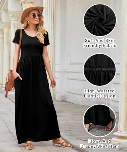 Image of EUOVMY Women's Short Sleeve Loose Plain Maxi Dresses Casual Vacation Long Dresses with Pockets