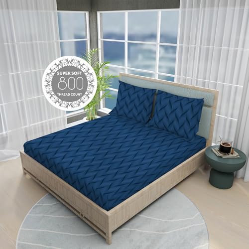 Image of BOUTIQUE LIVING India Radiance Cotton Blend 825 CVC Navy Blue King Bedsheet with 2 Pillow Covers