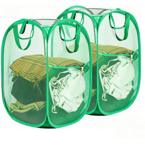 Image of HOUSE AGAIN 2 Pack Strong Mesh Pop Up Laundry Hamper, 70L Collapsible Laundry Basket with Steel Frame, Double‑Stitched Handles & Side Pocket, Foldable Dirty Clothes Hamper for Dorm, Bedroom, Green