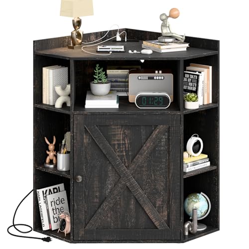 Image of Halitaa Corner Storage Cabinet, Farmhouse Corner Bookshelf with Storage 6-Cubby Wooden Cabinet with USB Ports and Outlets Industrial Organizer for Small Space, Study, Playroom, Living Room