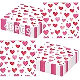 40 Pack Valentine’s Day Heart Paper Napkins – 13 x 13 Inches Unfolded, Disposable Napkins with Red and Pink Watercolor Hearts for Valentine’s Parties, Weddings, and Romantic Dinners