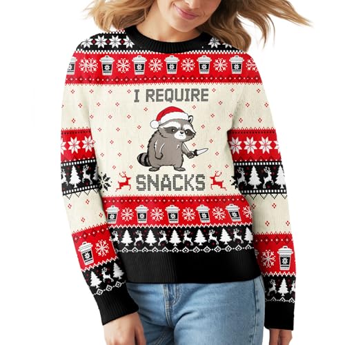 Image of 99TIMORO Raccoon Ugly Christmas Sweater for Men and Women, Holiday Pullover Novelty Crewneck Sweatshirt, Festive Outfit Gift