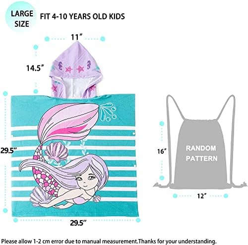 Mermaid Kids Hooded Towel, Poncho Beach Towels for Kids, Ultra Soft Childrens Swimming Bath Towels with Storage Bag for Girls Boys Toddler, Suitable for Children Under 160 cm