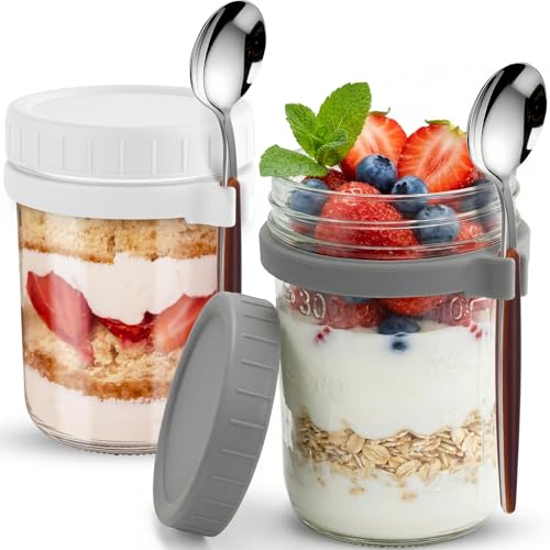 Otauoaea Pack de 2 Tarros de Cristal con Tapa - 400ml Overnight Oats Jar Glass con Marcas de Medida y Cuchara - Frascos de Vidrio Herméticos - Tarros para Avena Nocturna, Chía Pudding y Ensaladas