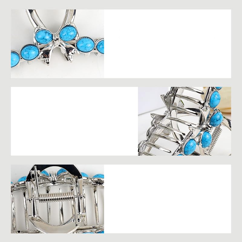 Pince à cheveux forte tenue antidérapante en métal et pierres bleues pour femme - 4