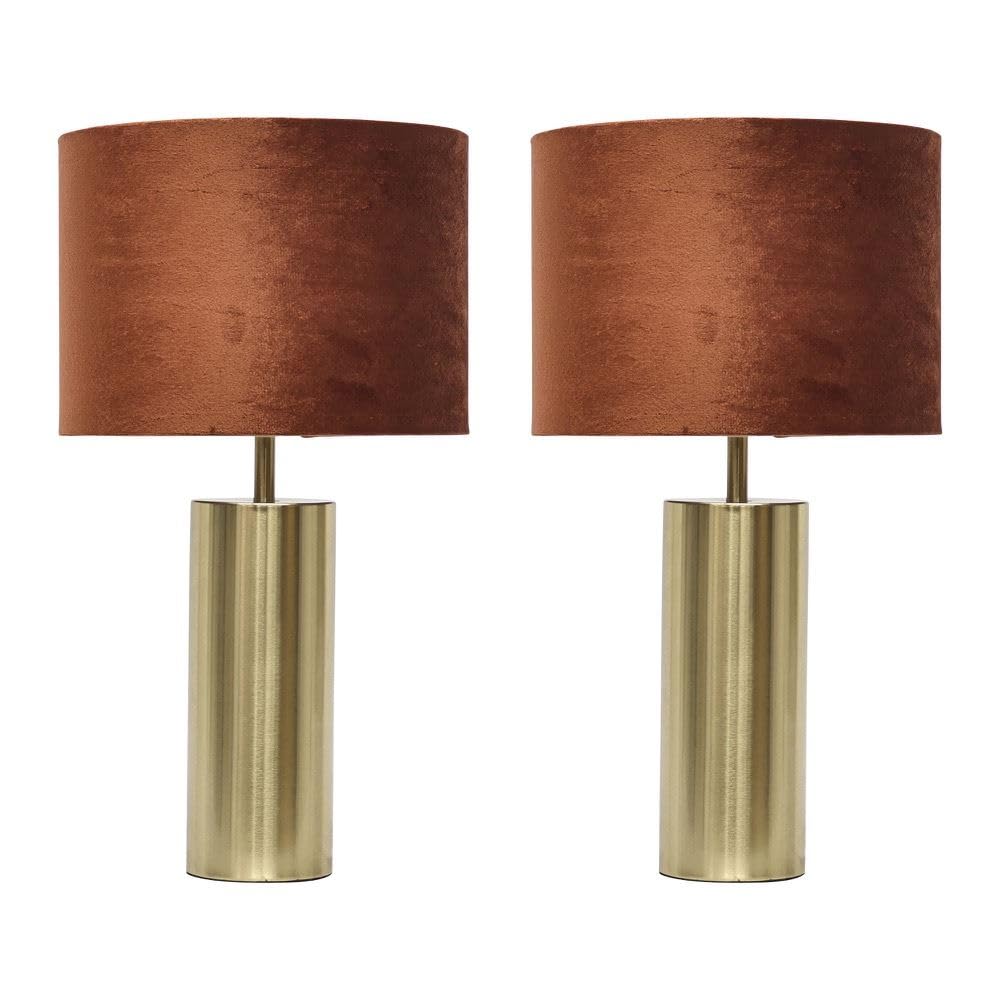 Firstchoicelighting Satin Gold & Burnt Orange Set Of 2 Modern Touch Operated Table Lamps Or Bedside Lights, Gold Base With Burnt Orange Velvet Shade, Height 40Cm