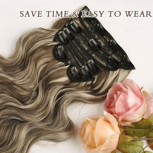 Nayoo Clip In Hair Extensions For Women 20 Inch Long Wavy Curly Medium Brown Ash Blonde Hair Extension Full Head Synthetic Hair Extension Hairpieces (6Pcs, Medium Brown Ash Blonde) #TOP4