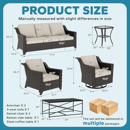 Image of 7 Pieces Outdoor Conversation Furniture Set - 77 inch Patio sofa, 2 Armchairs, 2 Swivel Glider Chairs, 1 Side Table, 1 Metal Coffee Table, Wicker Couch with Washable Cushions for Porch (Beige) | Patio Chair Set with Olefin Removable Cushion, All-Weather Outdoor Couch with Deep Seat for Porch, Deck and Backyard, Beige