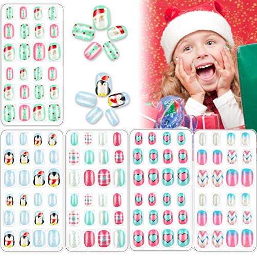 120 PCS Christmas Children Press On Nails Cute Fake Nail for Kids Pre-glue Short Gel Nail Art Full Cover Snowflake Gradient Color False Nail Kit for Little Girls Nail Art Decorations (Christmas Set)