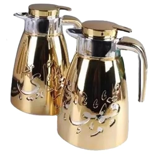 Elegant Golden Arabic Coffee Dallah Pot – 1L Luxury Vacuum Insulated Shai Flask, Traditional Engraved Design, for Hot Beverage Serving