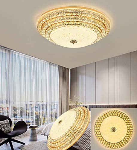 Rustic Goldene Deckenleuchte LED Kristall Vintage Schlafzimmerlampe Dimmbar Modern Design Deckenlampe mit Fernbedienung für Wohnzimmer Büro Esszimmer Küchen Arbeitszimmer Runde Glas Schirm, Ø50cm