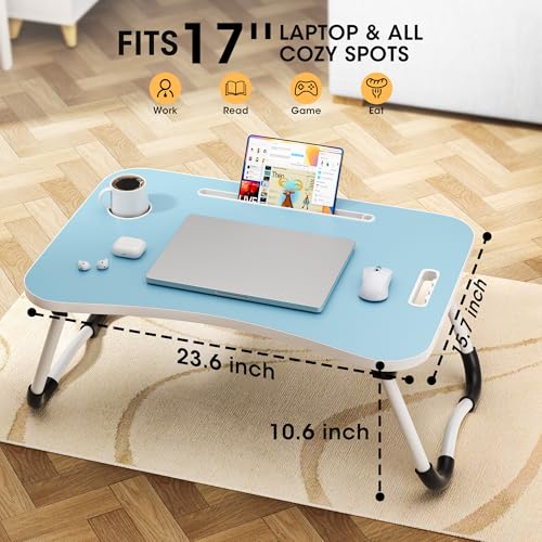 Image of Folding Lap Desk, 23.6 Inch Wood Laptop Bed Desk with Cup Holder, Portable Bed Table for Working Writing Reading & Eating for Bed, Sofa, Couch, Floor - Blue