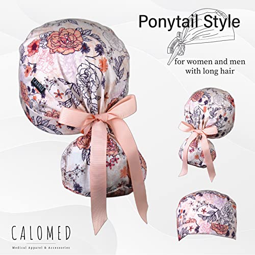 Image of Scrub Cap for Women and Men, Ponytail Scrub Caps, Working Hat, Head Cover with Ribbon Ties and Buttons, Long Hair