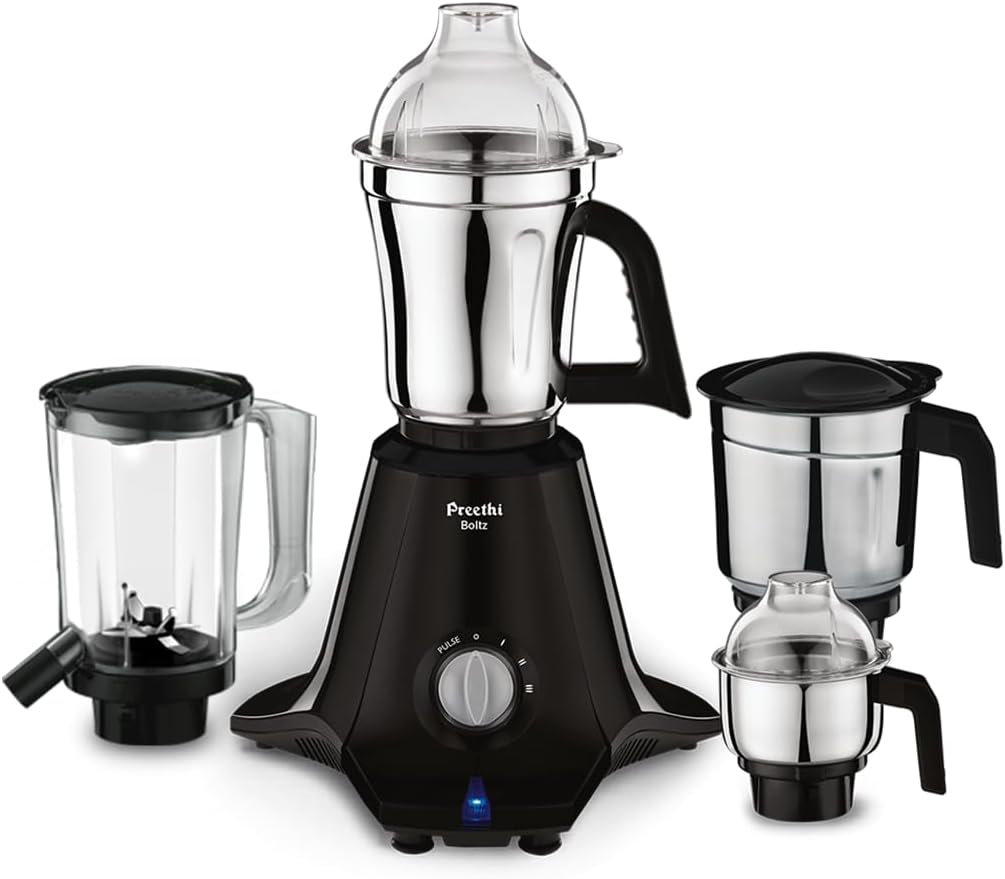 Boltz 1000 Watts Mixer Grinder, 4 Jars (3 Stainless Steel Jars, Blender Jar), Powerful Grinding for Masalas, Chutneys and Batters, 2 Year Warranty, Lifelong Free Service, Black