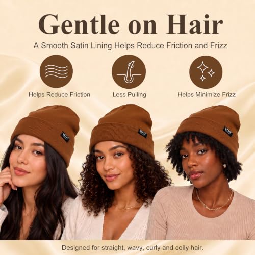Image of Satin Lined Winter Beanie Hats for Women Unisex Cotton Knitted Cuffed Knit Hat with Silky Lining Slouchy Skull Cap