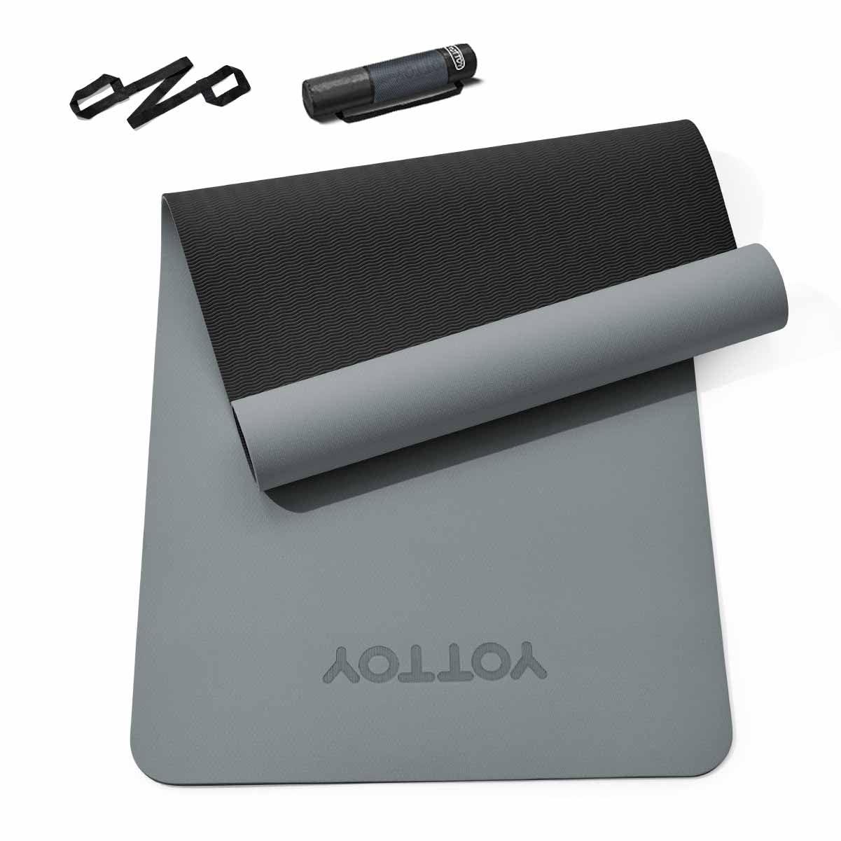 Yoga Mat,Non-Slip TPE Exercise Mat(1/4 Inch) for Pilates, Fitness & Barefoot Workouts, Home Gym Studio with Strap & Bag (Grey, 24 * 0.24 Inches)