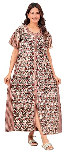 Image of DIAMO Full Open /Front Buttoned Pure Cotton Night Gown Women /Girls with Jaipuri Block Print, Maxi Night Gown, Sleepwear, Nighty, Nightdress, Jaipuri Nighty, Nighties