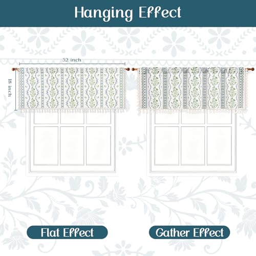 Image of Yinhua Boho Valance Curtains Vintage Linen Kitchen Valances for Windows Light Filtering Bohemian Floral Valance Rod Pocket Tassel Window Valances for Bathroom Cafe, 52 inch W X 18 inch L, Blue Green Floral