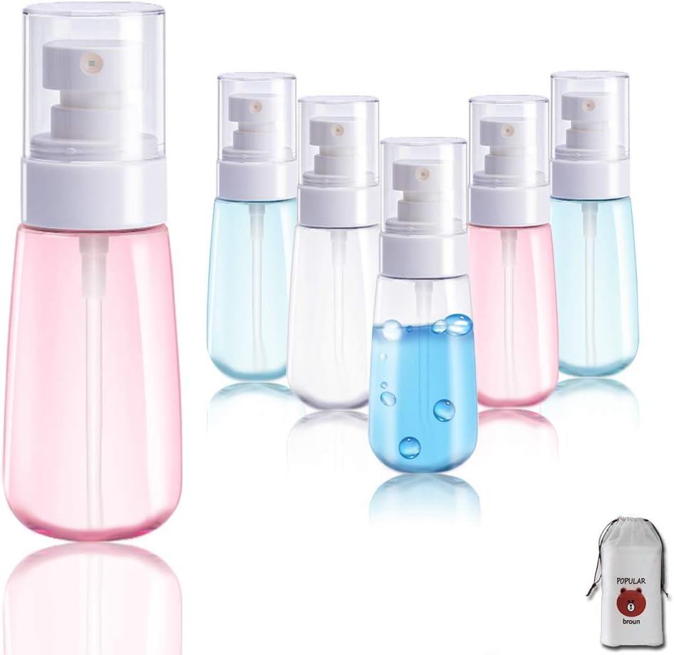 AMORIX 6PCS Spray Bottles Small 100ml 3.4 oz Empty Mini Travel Size Spray Bottle Fine Mist Hairspray Bottle for Essential Oils Refillable Travel Containers for Cosmetic, Perfume + Drawstring Bag