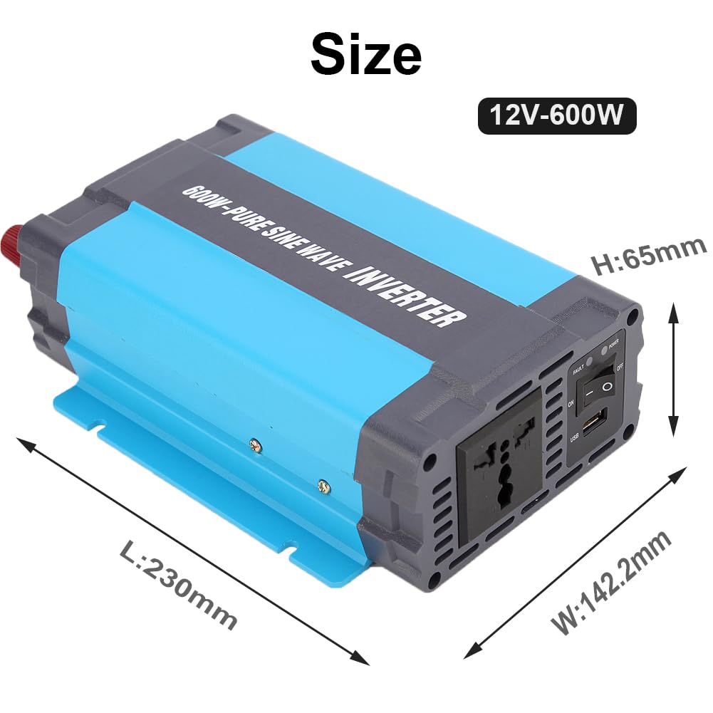 SolaMr 600W Wechselrichter Reiner Sinus 12V DC zu 220/230/240V AC Konverter mit USB 1 A Ladeanschlüssen und AC Ausgängen für Fahrzeugmontierte Systeme und Heimsysteme - 600W
