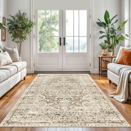 KUTA Vintage Area Rug 5x7 Beige Brown, Washable Rugs for Living Room Soft Non-Slip Printed Distressed Tribal Traditional Farmhouse Carpet for Bedroom Dining Room Dorm Office Home Decor