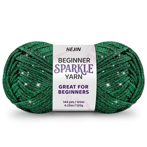 Image of 120g Green Sparkle Yarn for Crocheting and Knitting; 120m(144yds) for Beginners with Easy-to-See Stitches; Worsted-Weight Medium #4; Yarn for Beginners Crochet Kit Making