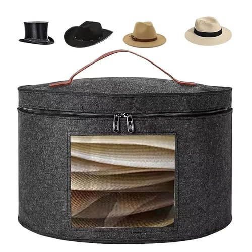 WUWENY Hutschachtel, Hutschachtel Rund mit Ddeckel, Hutschachtel Faltbar,Hut Aufbewahrung mit Ledergriff, Transparentes Window für Schrank oder Reise, Hut Aufbewahrungsbox 43x26cm (Dark Gray)