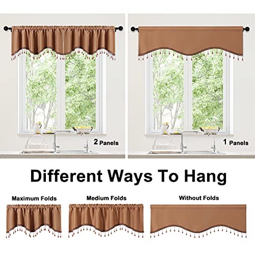 Elkca Coffee Blackout Curtain Valance For Living Room Scalloped Kitchen Tier Set For Window,Pack Of 2 (Coffee,52" W X 18" L) #TOP4