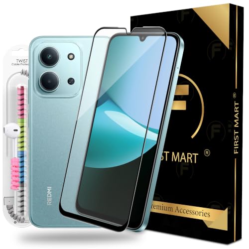 Image of FIRST MART Tempered Glass for Redmi 15C, 15A, Poco C85X and Redmi A7 Pro, 9H 0.3 mm Full-Glue Screen Protector with Cable Protector, 3D Edge-to-Edge, HD Clear, Case-Friendly, Black, Pack of 1