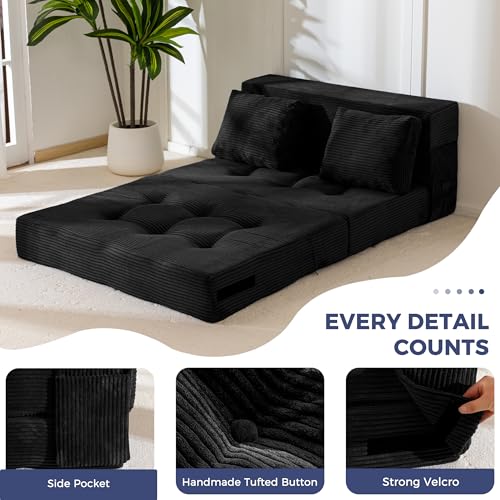 Image of MAXYOYO Convertible Sofa Bed, Fold Out Loveseat Sofa Couch with Pillow, 4 in 1 Tufted Folding Couch Bed Foam Floor Couch, Lazy Chair for Living Room Bedroom Guest Room, Black