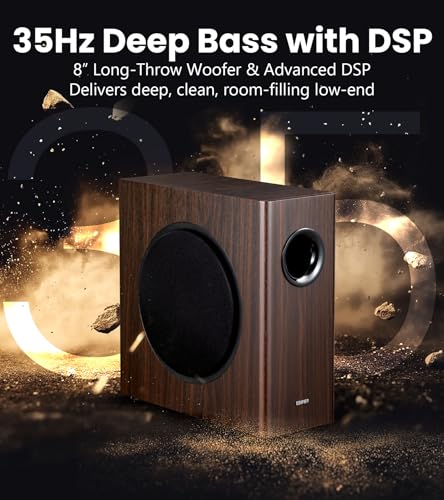 Image of Edifier T5s Powered Active Subwoofer with 70W RMS, 8 inch Long-Throw Woofer, Deep Bass (35Hz) Speaker, Built-in Amp, Low Distortion, Phase Selector & Energy-Efficient for Home & Studio Audio, Brown