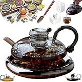 Innovessa - Tea Pot, 2025 New Upgrade 20oz Sereno Filtration Teapot Set, Removable Heatable Glass Teapot with Infusers for Loose Tea with Tea Making Tools (Electric ceramic stove + Gray + Adapter)