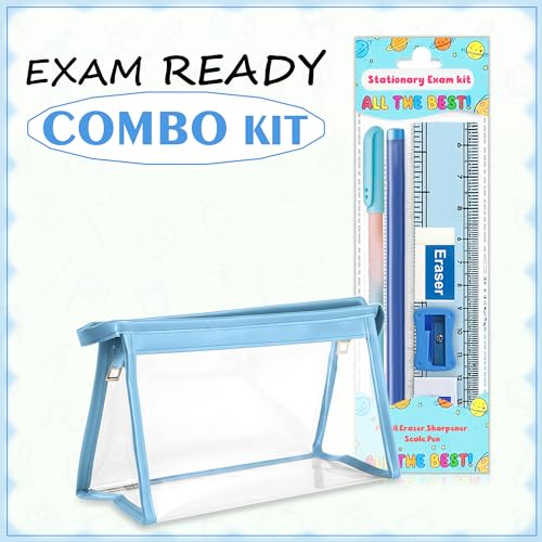 Image of GLUN Blue Transparent Zipper Pouch with inchAll The Best inch Stationery Kit Includes Scale, Pencil, Eraser, Sharpener & Pen Set for School Students
