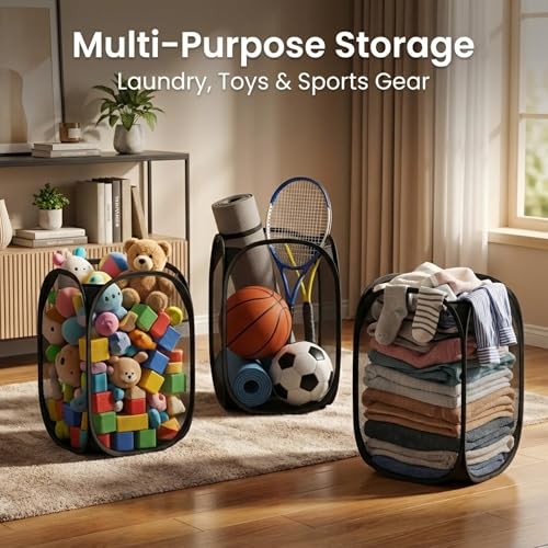 Image of inchCOSMIIC GREENS inch Mesh Laundry Foldable Basket 2 Pc (38 x70 cm)- Breathable, Sturdy, Foldable, and Space-Saving Design for Clothes and Storage. (2, 2 Pcs LARGE SIZE - Black /Sky /Pink /Royal /Red)